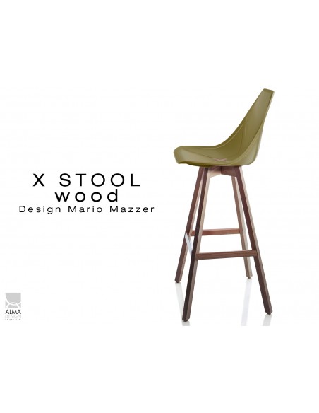 X-STOOL Wood 75 - piétement bois noyer assise coque vert militaire - lot de 2 tabourets