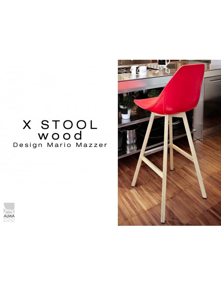 X-STOOL Wood 75 - piétement bois naturel assise coque rouge - lot de 2 tabourets