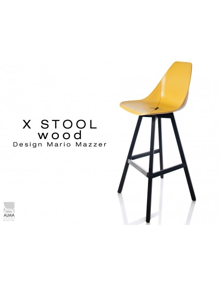 X-STOOL Wood 75 - piétement bois gris fer assise coque jaune - lot de 2 tabourets