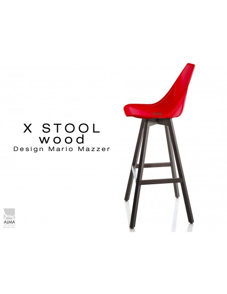 X-STOOL Wood 75 - piétement bois gris fer assise coque rouge - lot de 2 tabourets