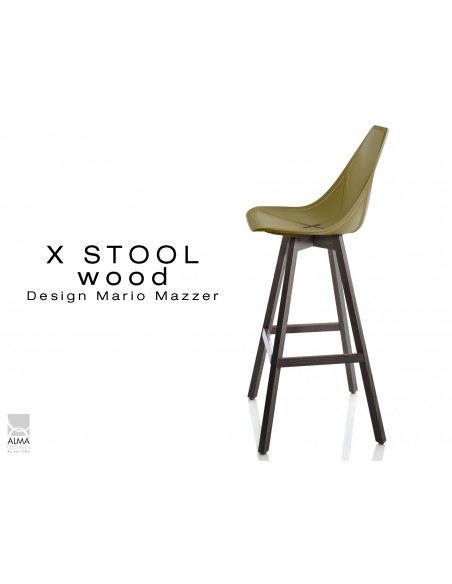 X-STOOL Wood 75 - piétement bois gris fer assise coque vert militaire - lot de 2 tabourets