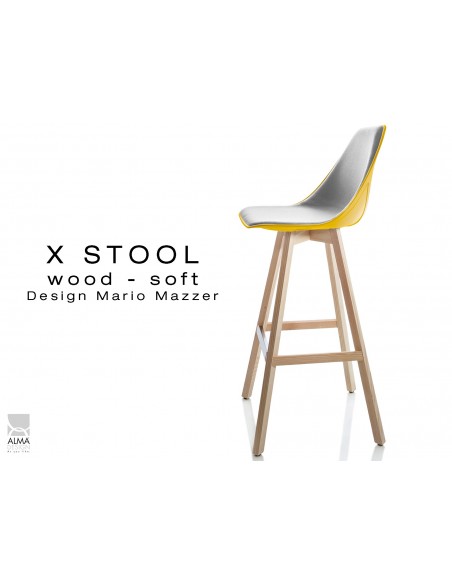 X-STOOL Wood Soft 75 - piétement bois naturel assise coque jaune capitonnée gris clair-TE30 - lot de 2 tabourets