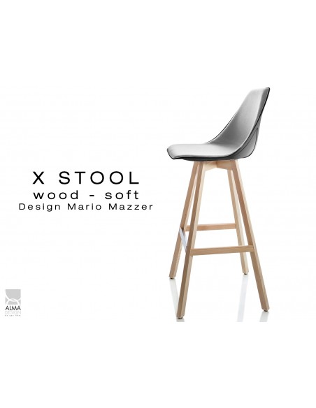 X-STOOL Wood Soft 75 - piétement bois naturel assise coque noir capitonnée gris clair-TE30 - lot de 2 tabourets