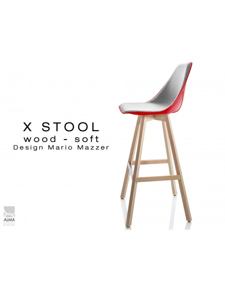 X-STOOL Wood Soft 75 - piétement bois naturel assise coque rouge capitonnée gris clair-TE30 - lot de 2 tabourets