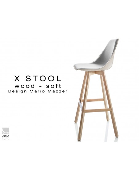 X-STOOL Wood Soft 75 - piétement bois naturel assise coque sable clair capitonnée gris clair-TE30 - lot de 2 tabourets