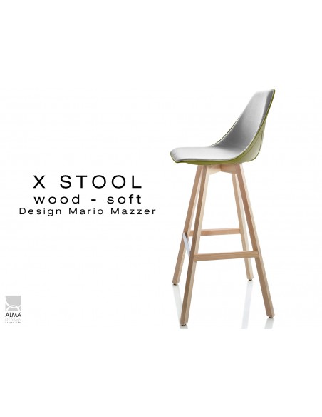 X-STOOL Wood Soft 75 - piétement bois naturel assise coque vert militaire capitonnée gris clair-TE30 - lot de 2 tabourets
