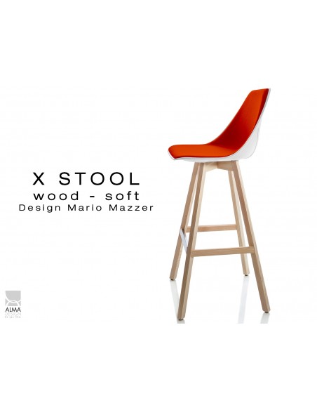 X-STOOL Wood Soft 75 - piétement bois naturel assise coque blanche capitonnée TE03 - lot de 2 tabourets