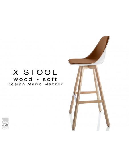 X-STOOL Wood Soft 75 - piétement bois naturel assise coque blanche capitonnée TE02- lot de 2 tabourets