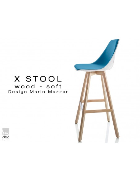 X-STOOL Wood Soft 75 - piétement bois naturel assise coque blanche capitonnée TE25- lot de 2 tabourets