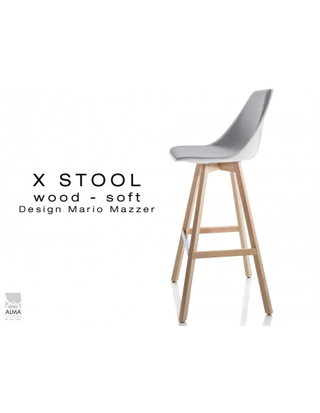 X-STOOL Wood Soft 75 - piétement bois naturel assise coque blanche capitonnée TE31 - lot de 2 tabourets