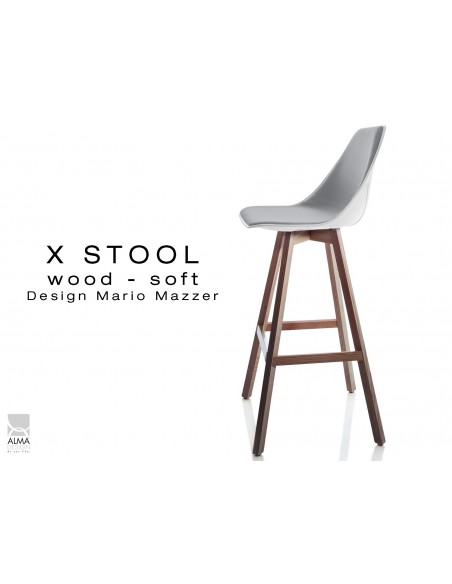 X-STOOL Wood Soft 75 - piétement bois noyer assise coque blanche capitonnée TE31 - lot de 2 tabourets