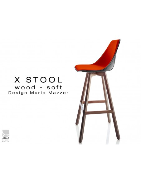 X-STOOL Wood Soft 75 - piétement bois noyer assise coque noir capitonnée TE03 - lot de 2 tabourets