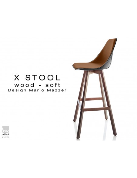 X-STOOL Wood Soft 75 - piétement bois noyer assise coque noir capitonnée TE02 - lot de 2 tabourets