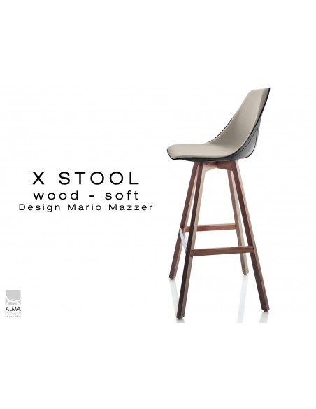 X-STOOL Wood Soft 75 - piétement bois noyer assise coque noir capitonnée TE16 - lot de 2 tabourets
