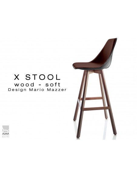 X-STOOL Wood Soft 75 - piétement bois noyer assise coque noir capitonnée TE17 - lot de 2 tabourets
