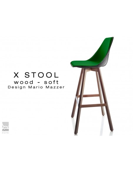 X-STOOL Wood Soft 75 - piétement bois noyer assise coque noir capitonnée TE22 - lot de 2 tabourets