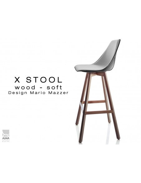 X-STOOL Wood Soft 75 - piétement bois noyer assise coque noir capitonnée TE30 - lot de 2 tabourets