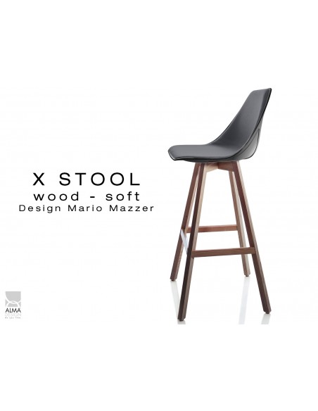 X-STOOL Wood Soft 75 - piétement bois noyer assise coque noir capitonnée TE32 - lot de 2 tabourets