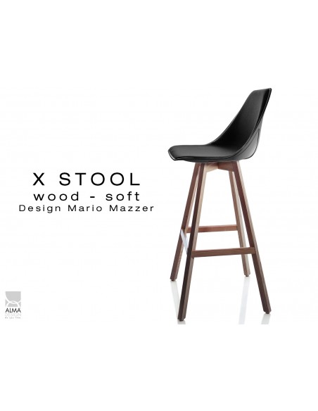 X-STOOL Wood Soft 75 - piétement bois noyer assise coque noir capitonnée TE33 - lot de 2 tabourets