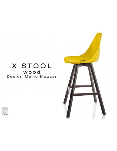 X-STOOL Wood 69 - piétement bois gris fer assise coque jaune - lot de 2 tabourets