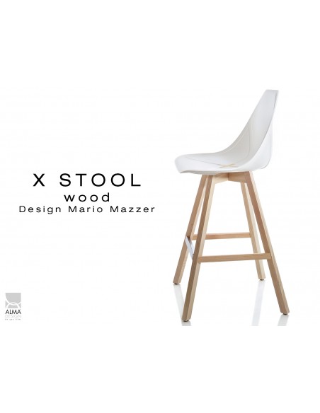 X-STOOL Wood 69 - piétement bois naturel assise coque blanche - lot de 2 tabourets