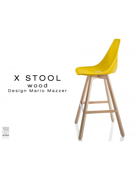 X-STOOL Wood 69 - piétement bois naturel assise coque jaune - lot de 2 tabourets