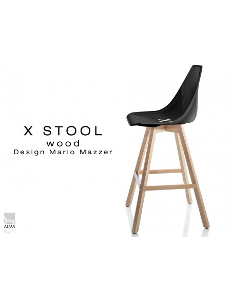 X-STOOL Wood 69 - piétement bois naturel assise coque noir - lot de 2 tabourets