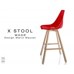 X-STOOL Wood 69 - piétement bois naturel assise coque rouge - lot de 2 tabourets