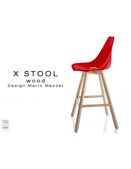 X-STOOL Wood 69 - piétement bois naturel assise coque rouge - lot de 2 tabourets