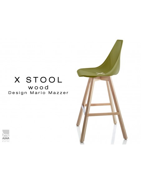 X-STOOL Wood 69 - piétement bois naturel assise coque vert militaire - lot de 2 tabourets