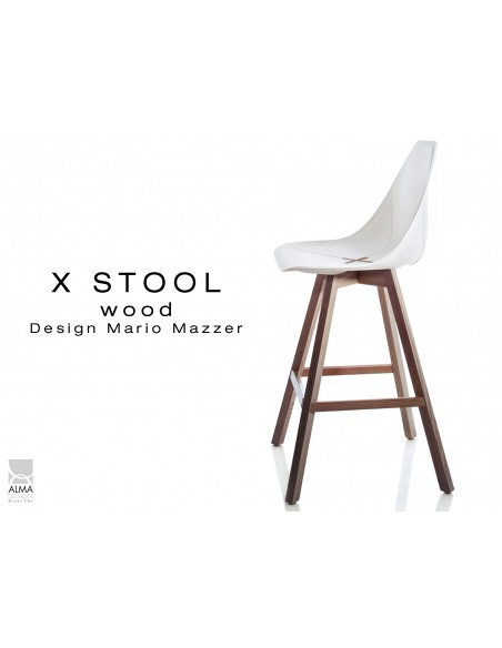 X-STOOL Wood 69 - piétement bois noyer assise coque blanche - lot de 2 tabourets