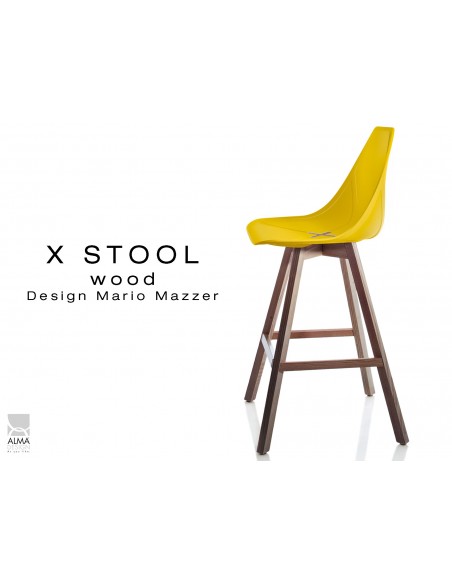 X-STOOL Wood 69 - piétement bois noyer assise coque jaune - lot de 2 tabourets