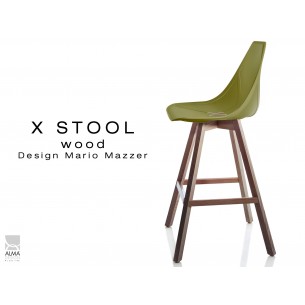 X-STOOL Wood 69 - piétement bois noyer assise coque vert militaire - lot de 2 tabourets