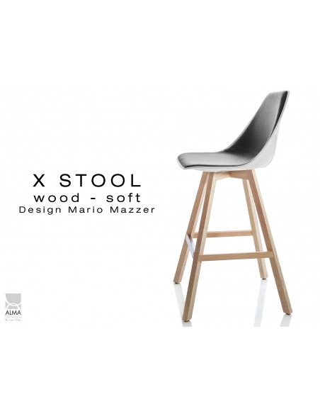 X-STOOL Wood Soft 69 - piétement bois naturel coque blanche capitonnée TE31 - lot de 2 tabourets