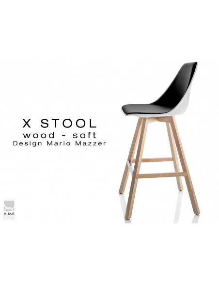 X-STOOL Wood Soft 69 - piétement bois naturel coque blanche capitonnée TE33 - lot de 2 tabourets