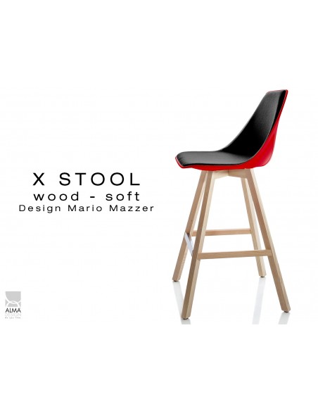 X-STOOL Wood Soft 69 - piétement bois naturel coque rouge capitonnée TE30 - lot de 2 tabourets