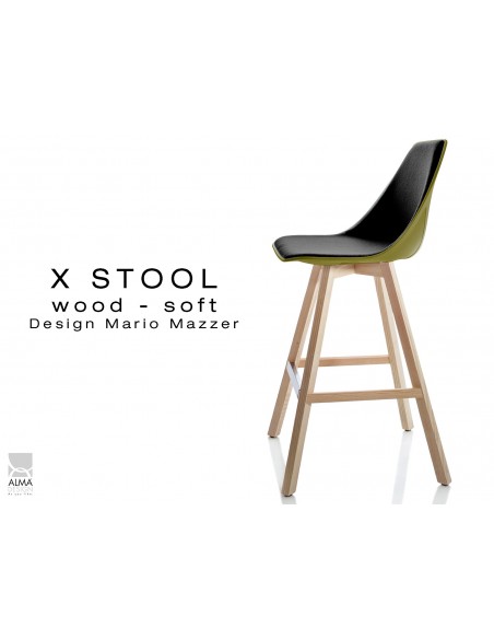 X-STOOL Wood Soft 69 - piétement bois naturel coque vert militaire capitonnée TE33 - lot de 2 tabourets
