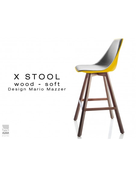 X-STOOL Wood Soft 69 - piétement bois noyer, coque jaune capitonnée TE30 - lot de 2 tabourets