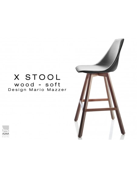 X-STOOL Wood Soft 69 - piétement bois noyer, coque noir capitonnée TE30 - lot de 2 tabourets