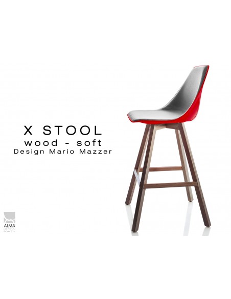 X-STOOL Wood Soft 69 - piétement bois noyer, coque rouge capitonnée TE30 - lot de 2 tabourets