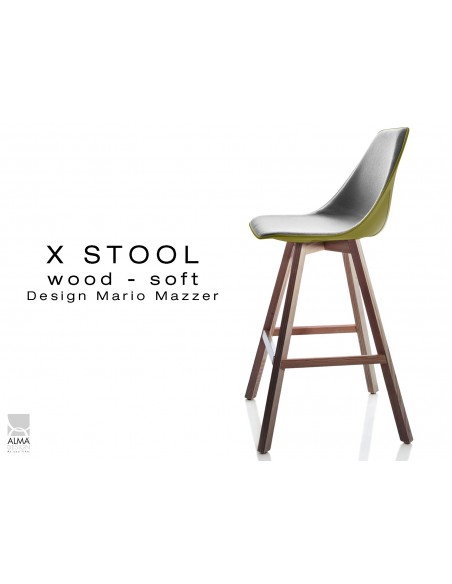 X-STOOL Wood Soft 69 - piétement bois noyer, coque vert militaire capitonnée TE30 - lot de 2 tabourets