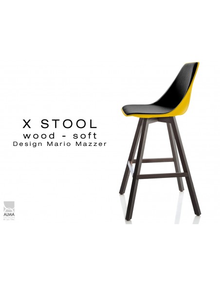 X-STOOL Wood Soft 69 - piétement bois gris fer, coque jaune capitonnée TE33 - lot de 2 tabourets