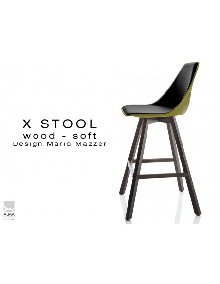 X-STOOL Wood Soft 69 - piétement bois gris fer, coque vert militaire capitonnée TE33 - lot de 2 tabourets