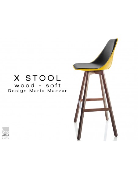X-STOOL Wood Soft 75 - piétement bois noyer assise coque jaune capitonnée TE33 - lot de 2 tabourets