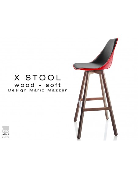 X-STOOL Wood Soft 75 - piétement bois noyer assise coque rouge capitonnée TE33 - lot de 2 tabourets
