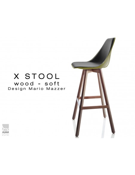 X-STOOL Wood Soft 75 - piétement bois noyer assise coque vert militaire capitonnée TE33 - lot de 2 tabourets