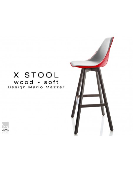 X-STOOL Wood Soft 75 - piétement bois gris fer assise coque rouge capitonnée TE30 - lot de 2 tabourets