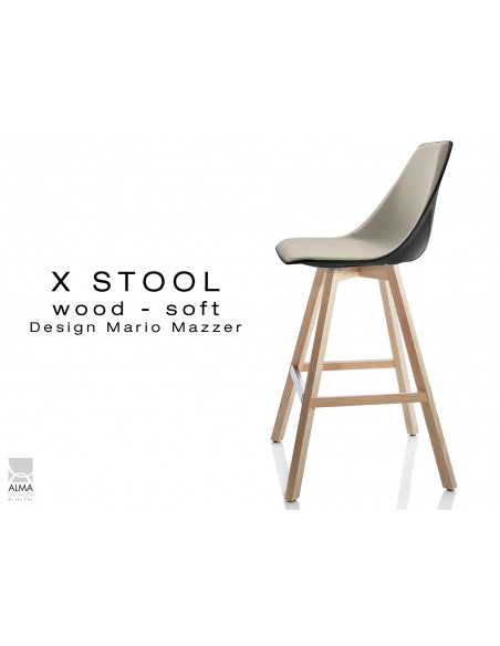 X-STOOL Wood Soft 69 - piétement bois naturel assise coque noir capitonnée TE16 - lot de 2 tabourets