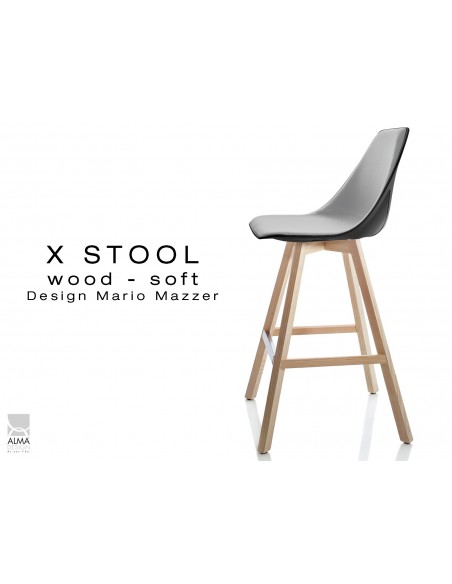 X-STOOL Wood Soft 69 - piétement bois naturel assise coque noir capitonnée TE30 - lot de 2 tabourets