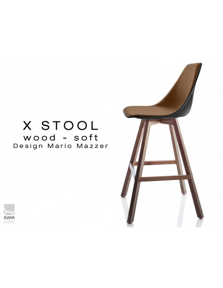 X-STOOL Wood Soft 69 - piétement bois noyer assise coque noir capitonnée TE02 - lot de 2 tabourets